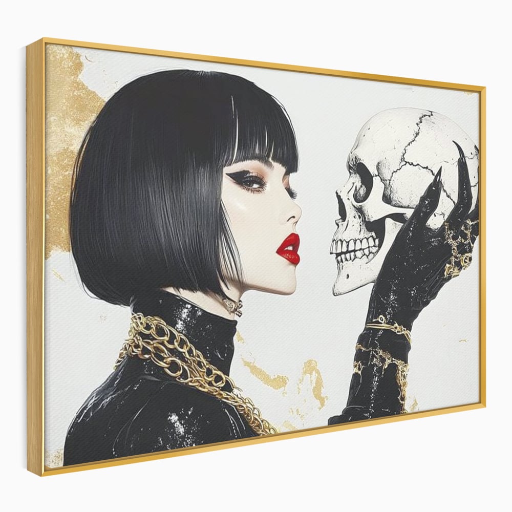 Tablou canvas cu ilustratie digitala cu femeie si craniu, in rama de aluminiu auriu